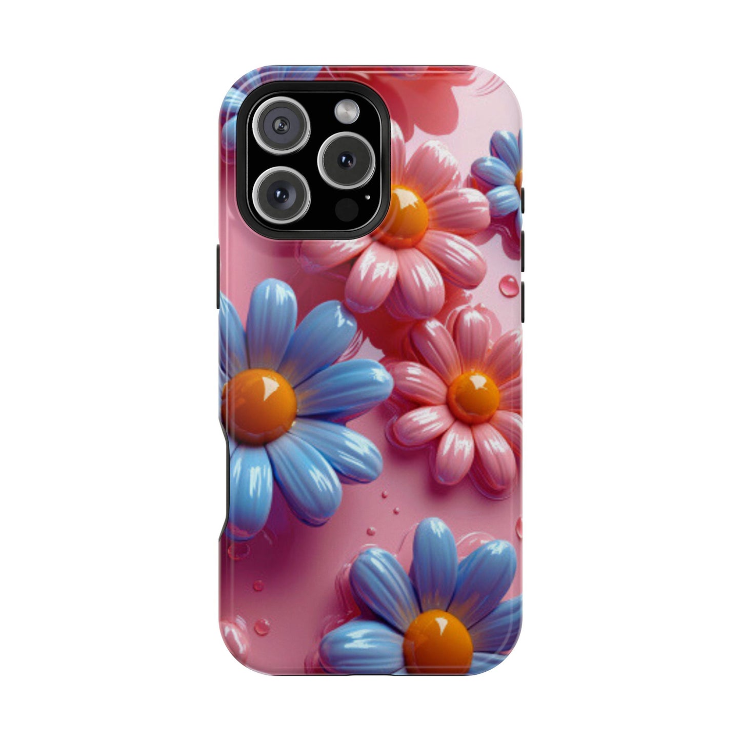 Pastel Daisy 3D MagSafe iPhone Case – Glossy Pink and Blue Floral Design, Full Protection