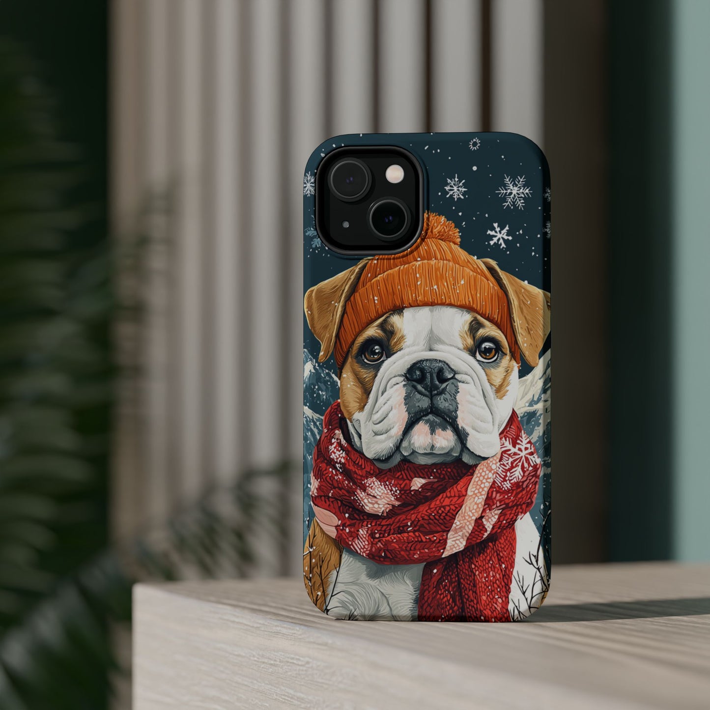 Cozy French Bulldog MagSafe iPhone Case – Rustic Fireplace Protective Cover