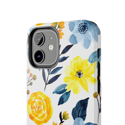 Golden Yellow & Sky Blue Floral – Watercolor Botanical iPhone Case