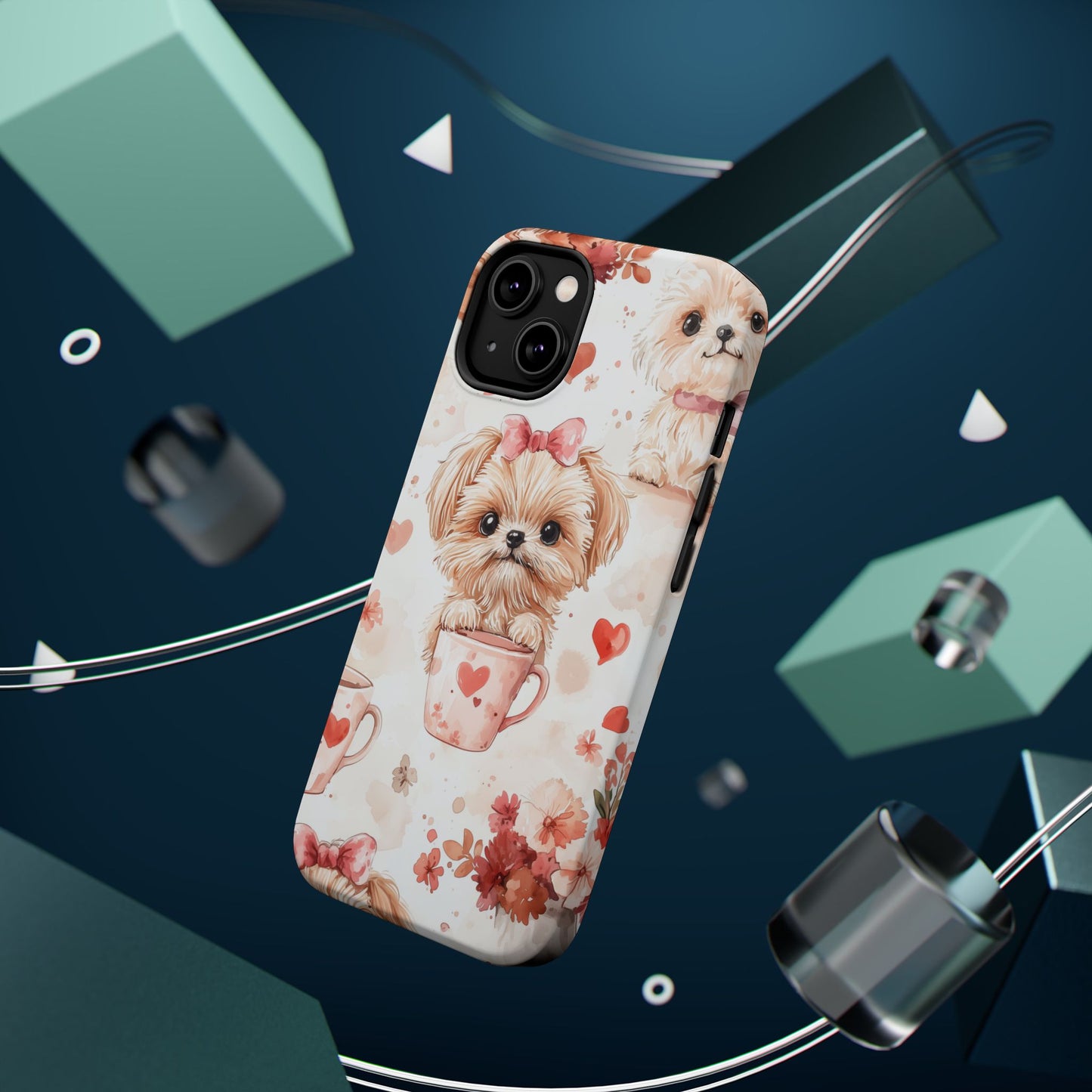 Puppies & Heart Mugs MagSafe iPhone Case – Sweet Dog & Floral Design, Shockproof & Slim