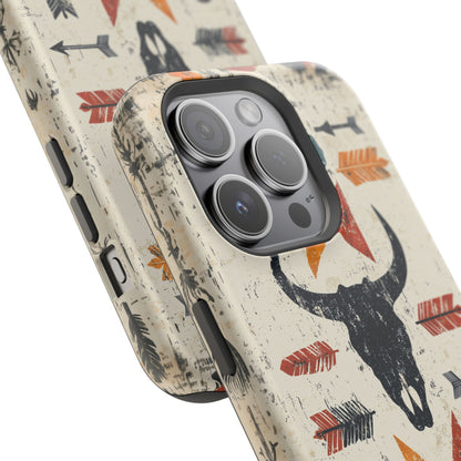 Tribal Bull Skull & Arrows Tough MagSafe iPhone Case – Rustic Western Design, Dual-Layer Protection