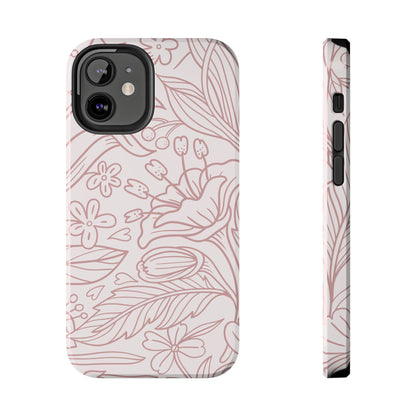 Blush Floral Line Art Tough iPhone Case – Delicate Minimalist Design with Dual-Layer Protection