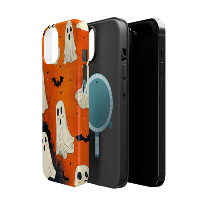 Spooky Ghosts & Bats  MagSafe iPhone Case – Vibrant Orange Halloween Design