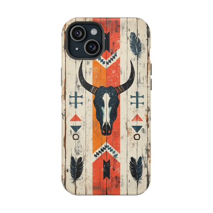 Rustic Western Bull Skull Tough MagSafe iPhone Case – Distressed Wood Design, Dual-Layer Protection