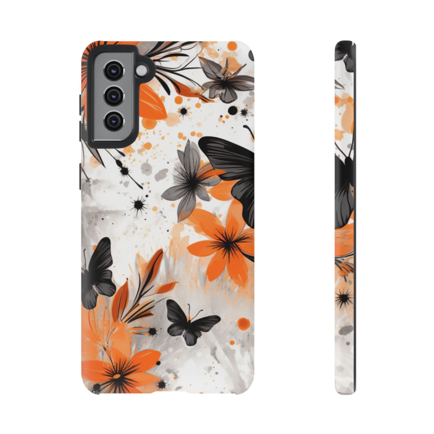Orange Blossom & Black Butterfly Samsung Galaxy Case – Bold Floral Pattern with Modern Abstract Style