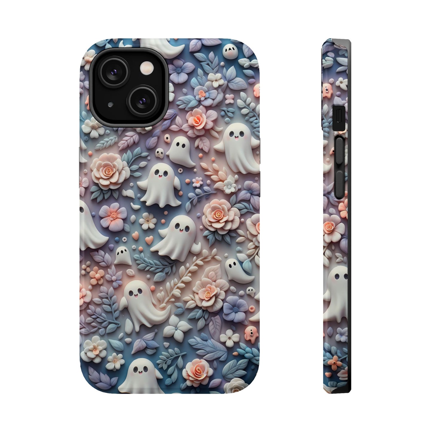 Cute MagSafe Ghosts Flowers Phone Case | Ethereal Clay Style | Autumn and Halloween Aesthetic | Tough Dual Layer Protection