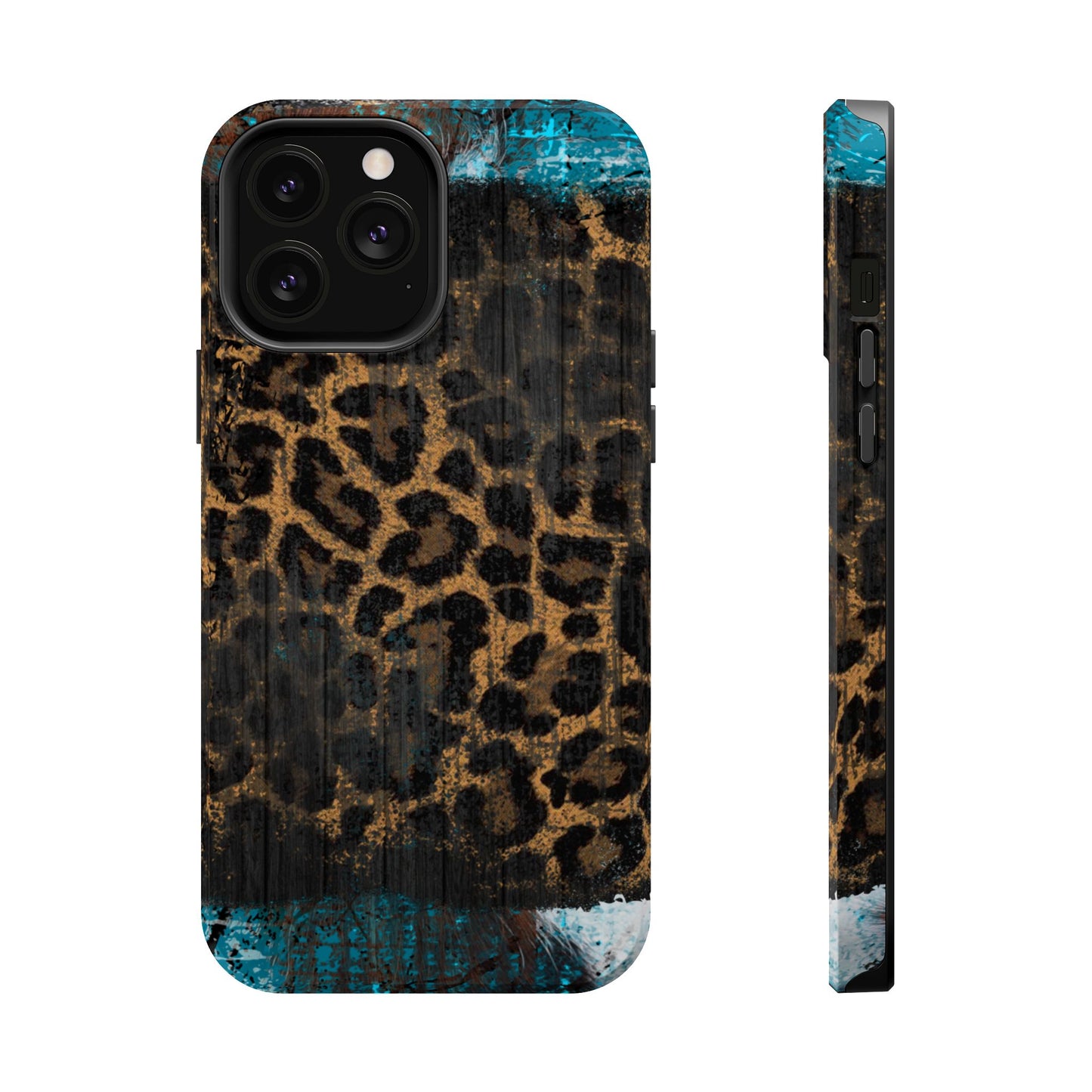 Boho Leopard and Turquoise Tough MagSafe iPhone Case – Rustic Western Design with Dual-Layer Protection