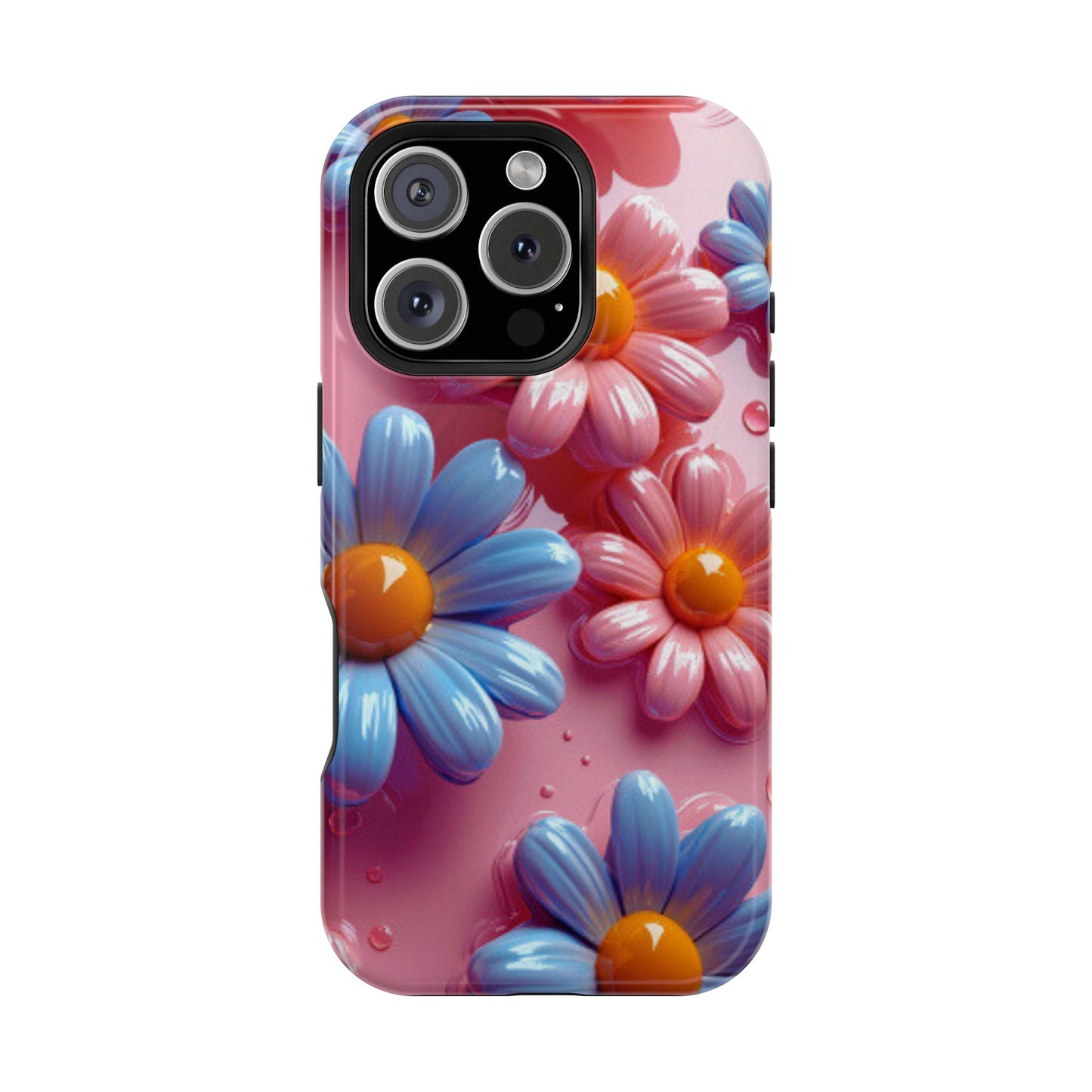 Pastel Daisy 3D MagSafe iPhone Case – Glossy Pink and Blue Floral Design, Full Protection