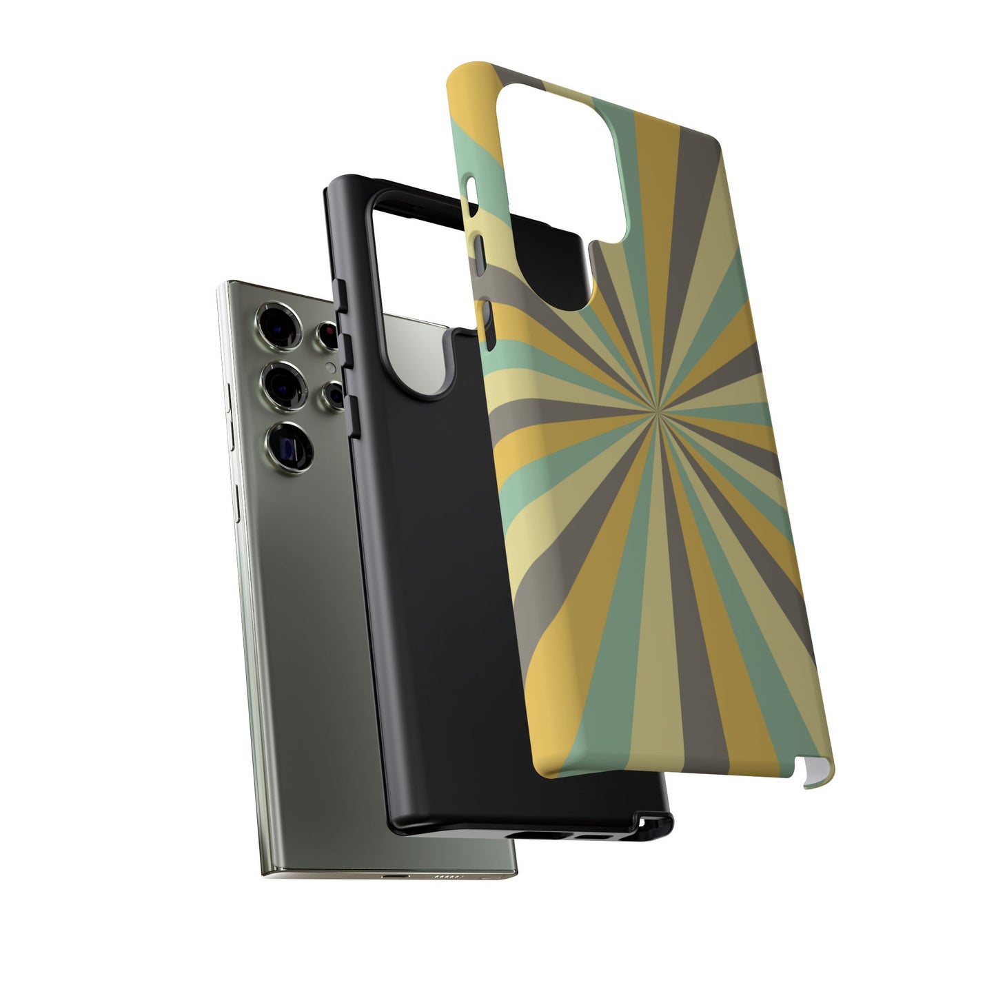 Vintage Sunburst Rays Samsung Galaxy Case – Bold 70s-Inspired Burst in Yellow, Mint, and Gray