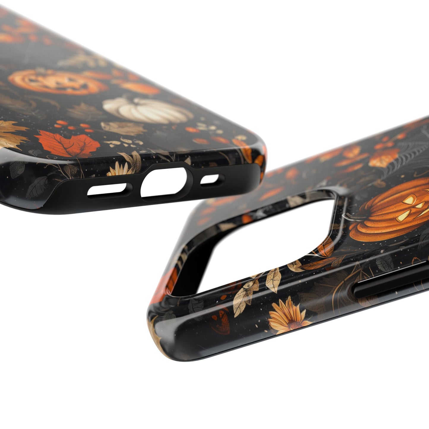 Elegant Halloween iPhone Case – Pumpkin Jack-o'-Lanterns, Cobwebs & Autumn Foliage Design