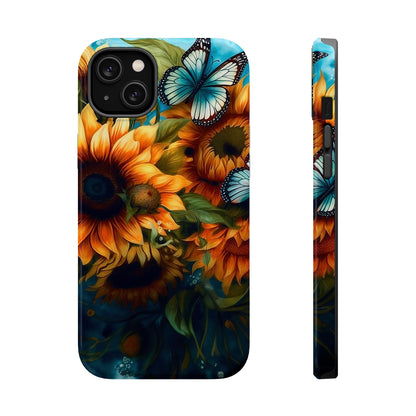 Aqua Blue Butterfly & Sunflower Art – MagSafe iPhone Case