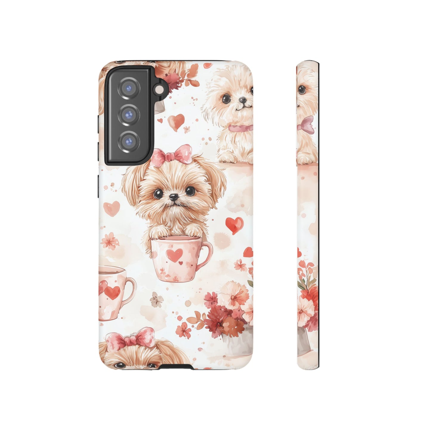 Puppies & Heart Mugs Samsung Galaxy Case – Sweet Dog & Floral Design, Shockproof & Slim