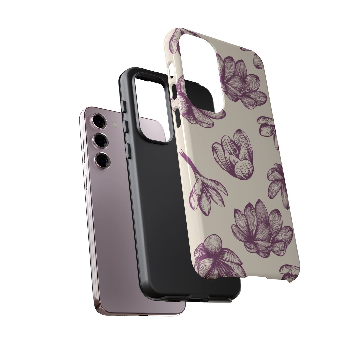 Vintage Botanical Floral Tough Samsung Galaxy Case – Hand - Drawn Purple Flowers, Shockproof Design - BOGO Cases