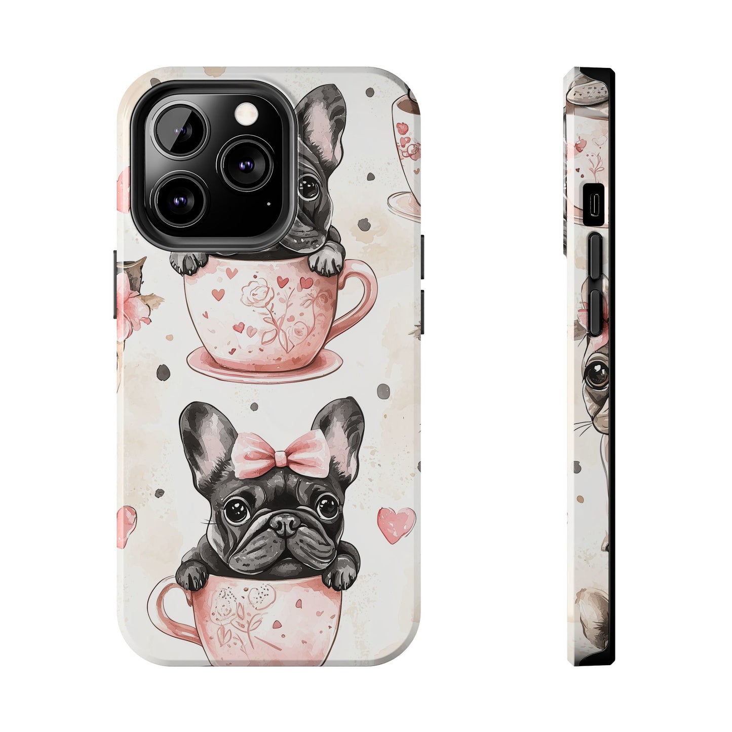 French Bulldogs in Teacups iPhone Case – Cute Dog Design with Hearts & Bows, Shockproof & Slim - BOGO Cases