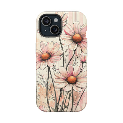 Pastel Pink Daisy MagSafe iPhone Case - Elegant Floral Plaid Protective Cover