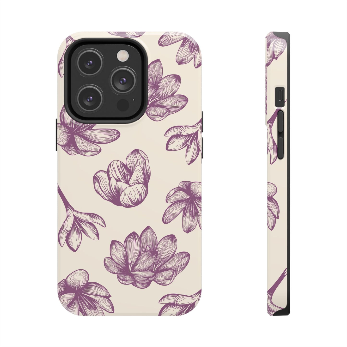 Vintage Botanical Floral Tough iPhone Case – Hand - Drawn Purple Flowers, Shockproof Design - BOGO Cases