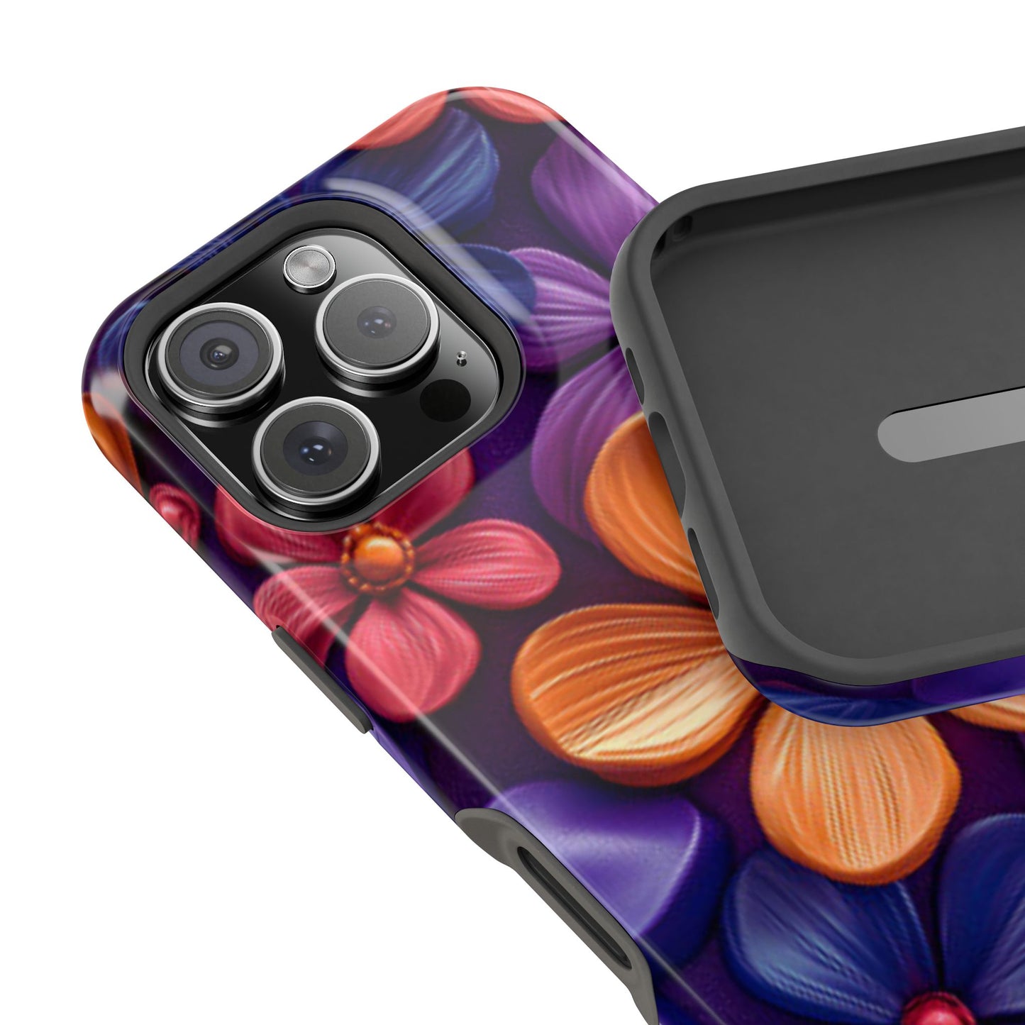 Bold Floral 3D MagSafe iPhone Case – Vivid Purple and Orange Flower Design, Shock-Resistant