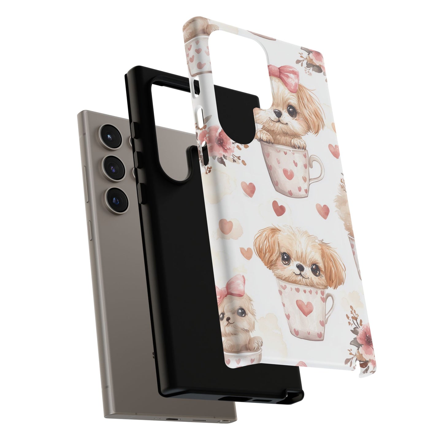 Cute Puppies in Heart Mugs Samsung Galaxy Case – Adorable Dog & Floral Design, Shockproof & Slim - BOGO Cases