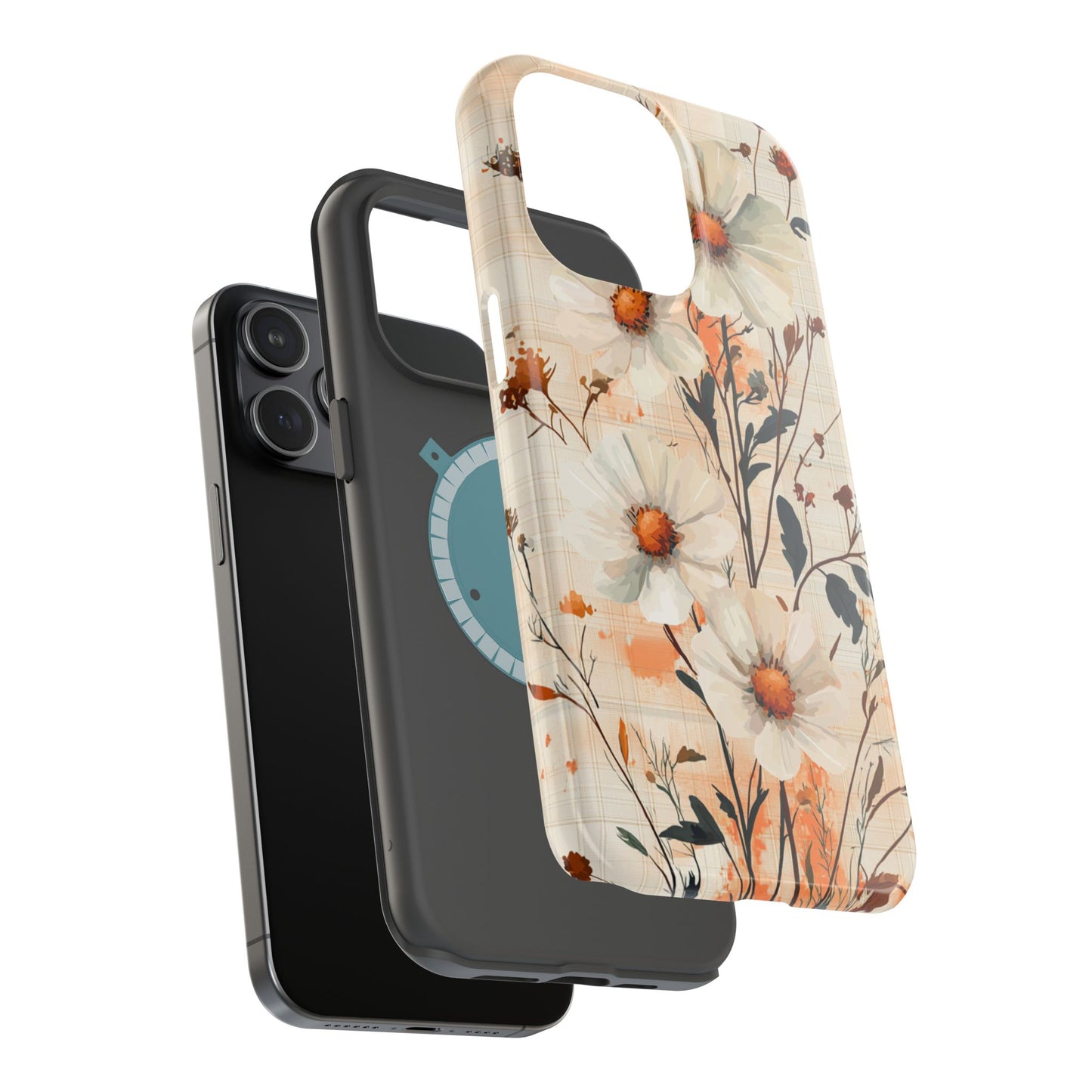 Pastel Orange Floral MagSafe iPhone Case - Elegant Plaid Protective Cover