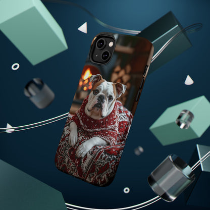 Cozy Bulldog in Sweater MagSafe iPhone Case – Festive Fireplace Protective Cover