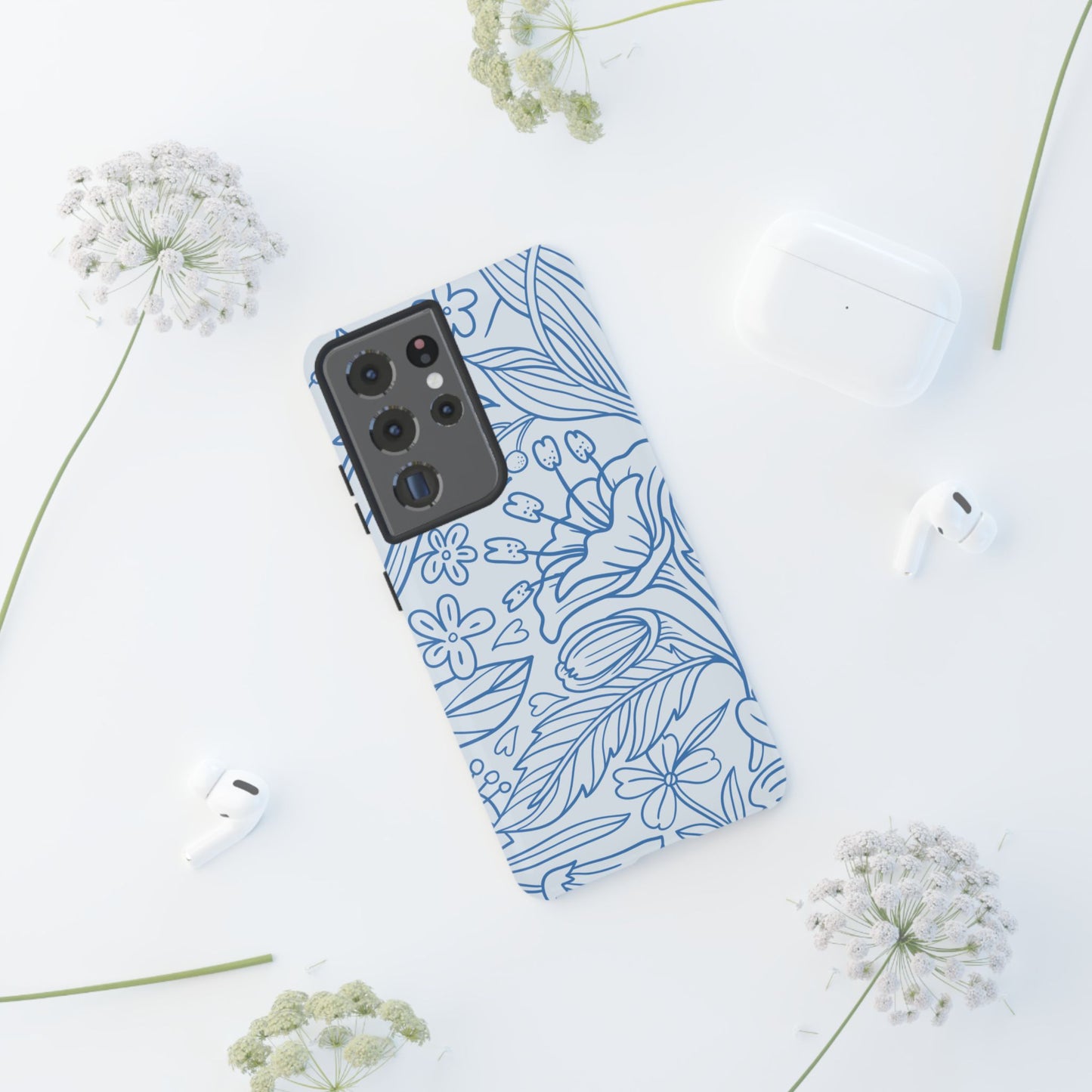 Dusty Blue Floral Line Art Tough Samsung Galaxy Case – Minimalist Botanical Design with Dual-Layer Protection