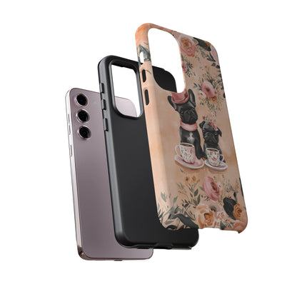 Floral French Bulldogs Samsung Galaxy Case – Elegant Dog Design with Tea Cups & Roses, Shockproof Protection