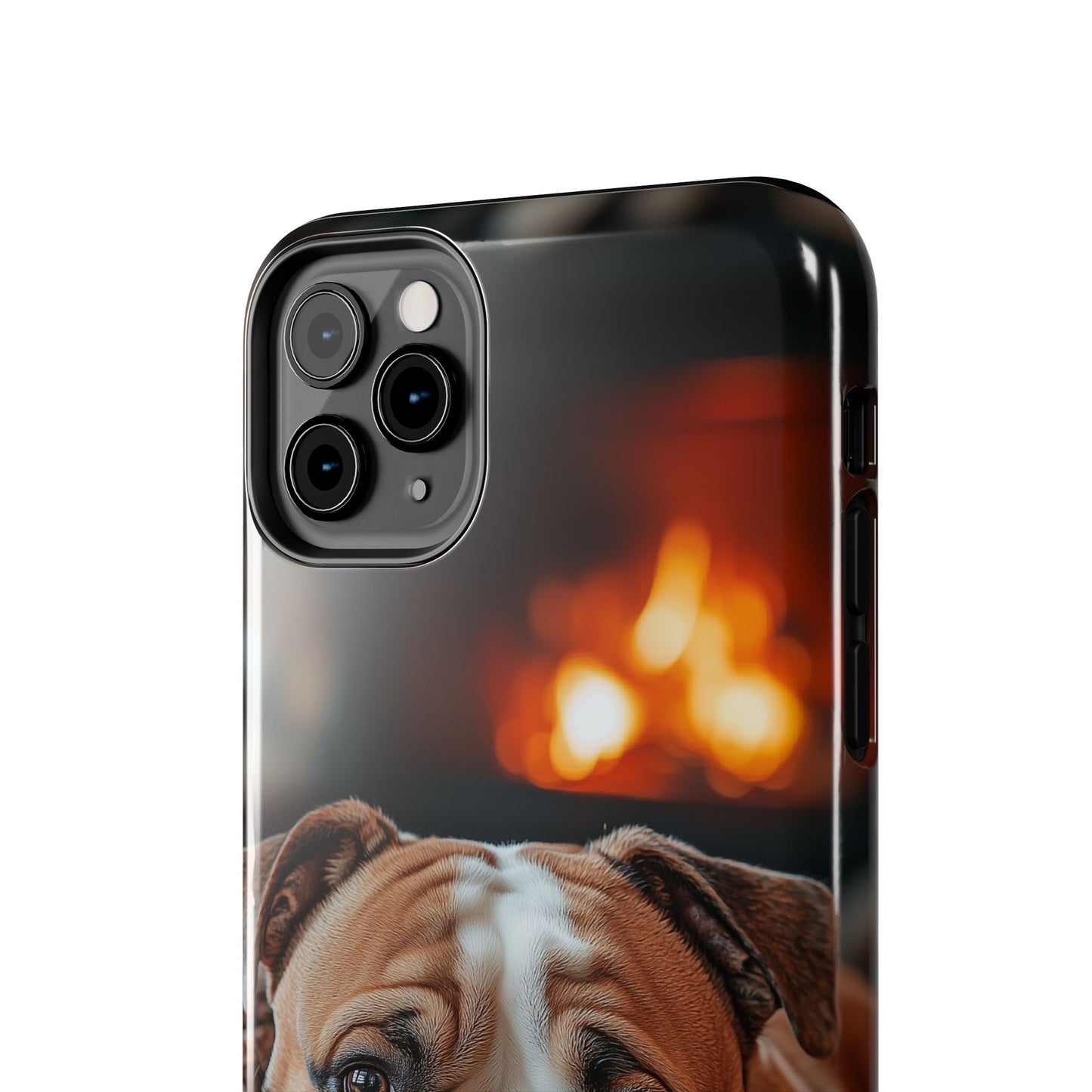 Cozy Bulldog iPhone Case – Fireside-Inspired Protective Cover Description: