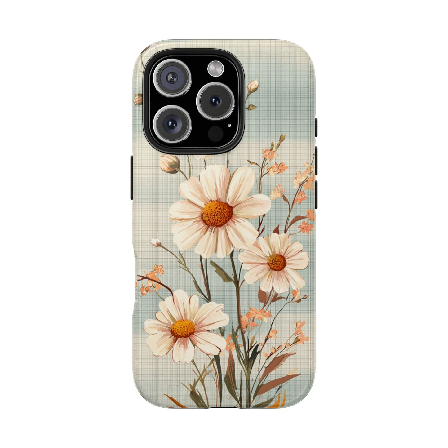 Vintage Plaid & Daisy Floral Tough iPhone Case – Dual-Layer Protection with Retro Flower Design