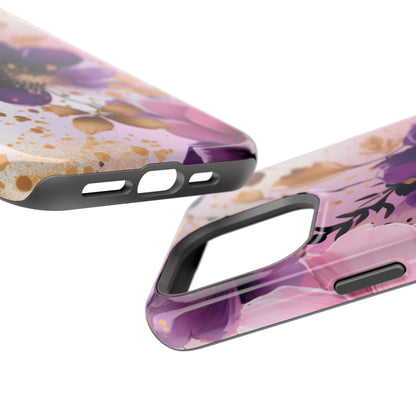 Elegant Purple & Gold Floral MagSafe iPhone Case - Luxe Flower Design