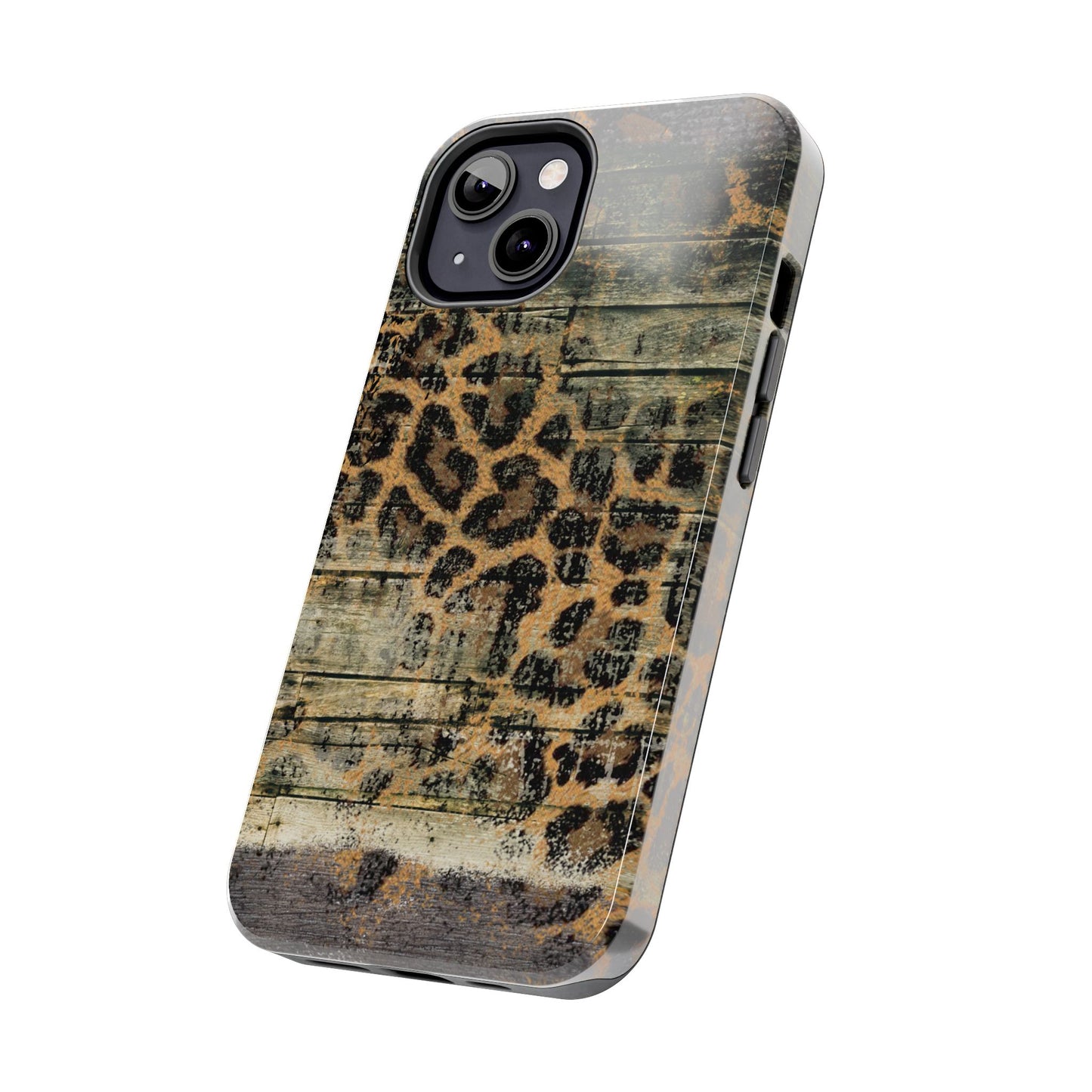 Rustic Wood and Leopard Print Tough iPhone Case – Distressed Western Design with Dual-Layer Protection