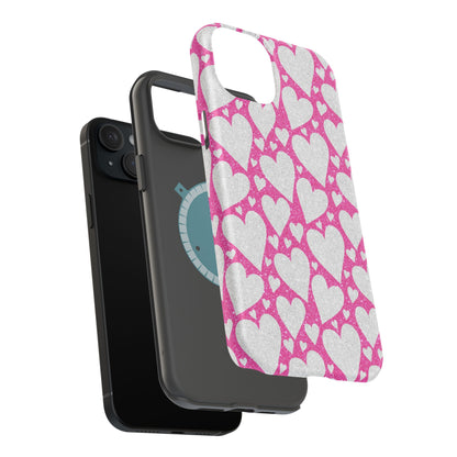 Pink and Silver Glitter Heart Pattern MagSafe Case