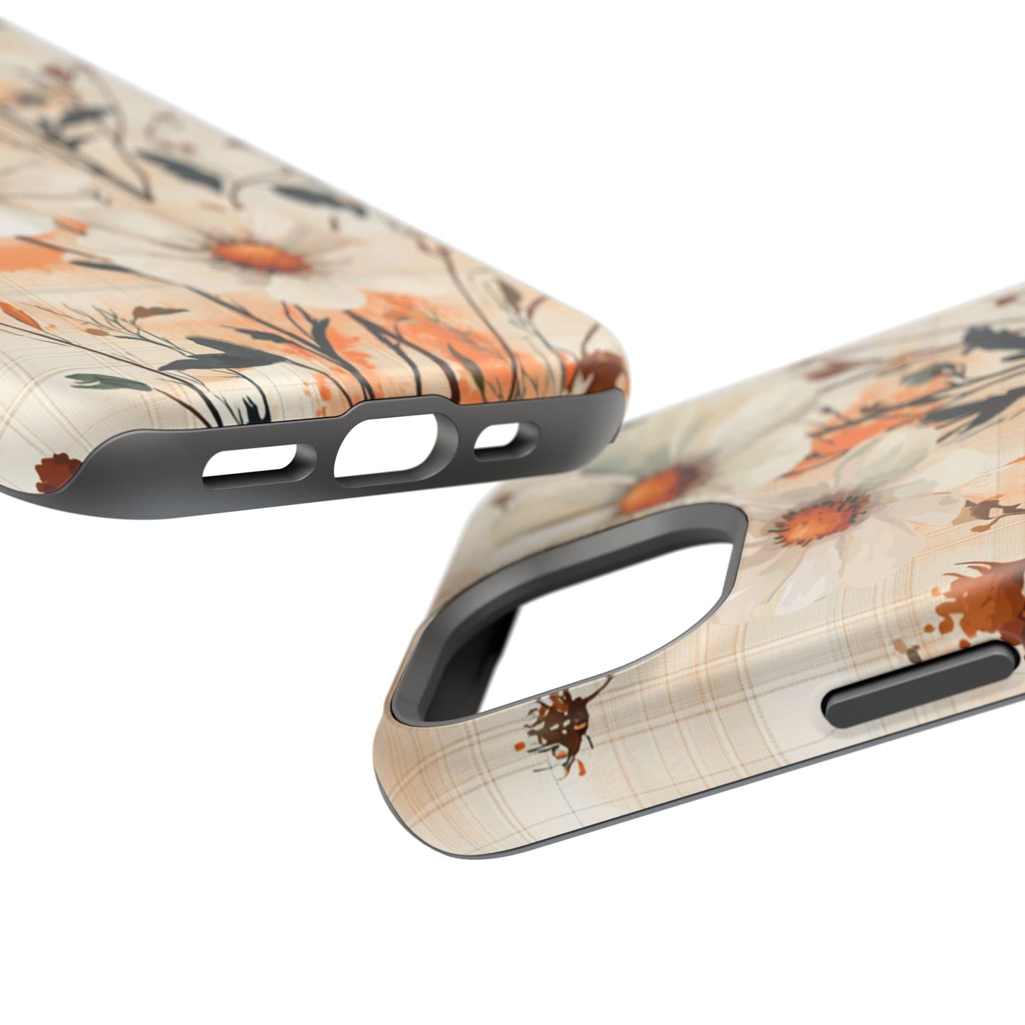 Pastel Orange Floral MagSafe iPhone Case - Elegant Plaid Protective Cover