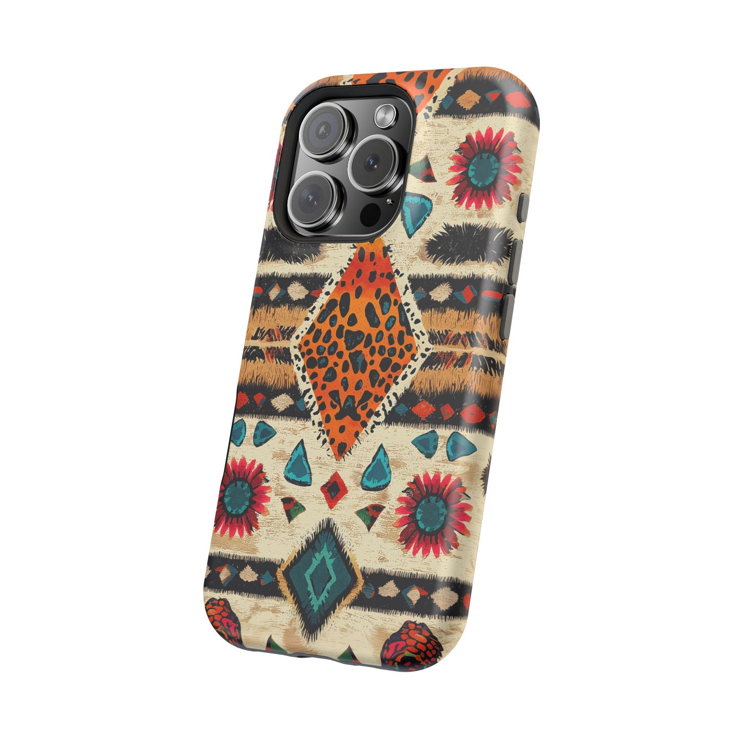 Wild Boho Leopard Print & Floral Tough MagSafe iPhone Case – Eclectic Tribal Design, Dual-Layer Protection