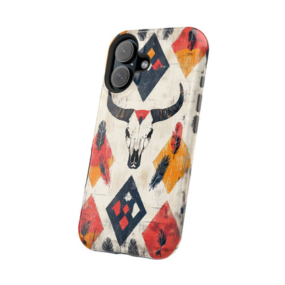 Western Bull Skull & Feathers Tough Mag Safe iPhone Case – Bold Tribal Design, Dual-Layer Protection