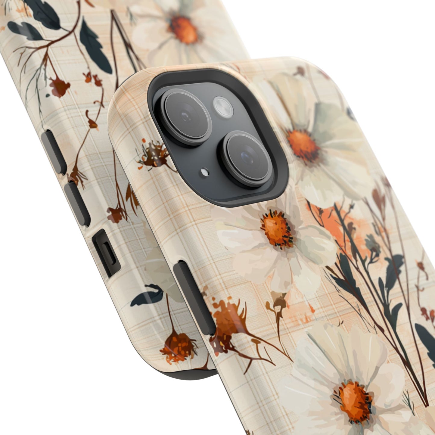 Pastel Orange Floral MagSafe iPhone Case - Elegant Plaid Protective Cover