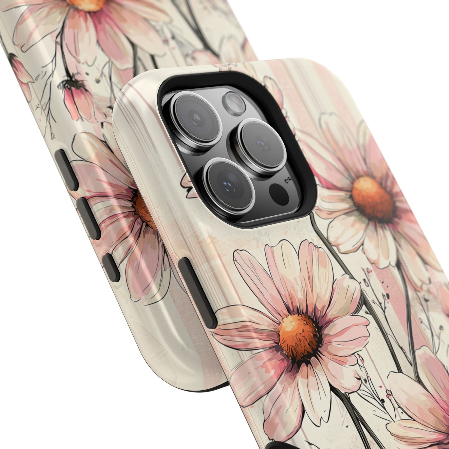 Pastel Pink Daisy MagSafe iPhone Case - Elegant Floral Plaid Protective Cover