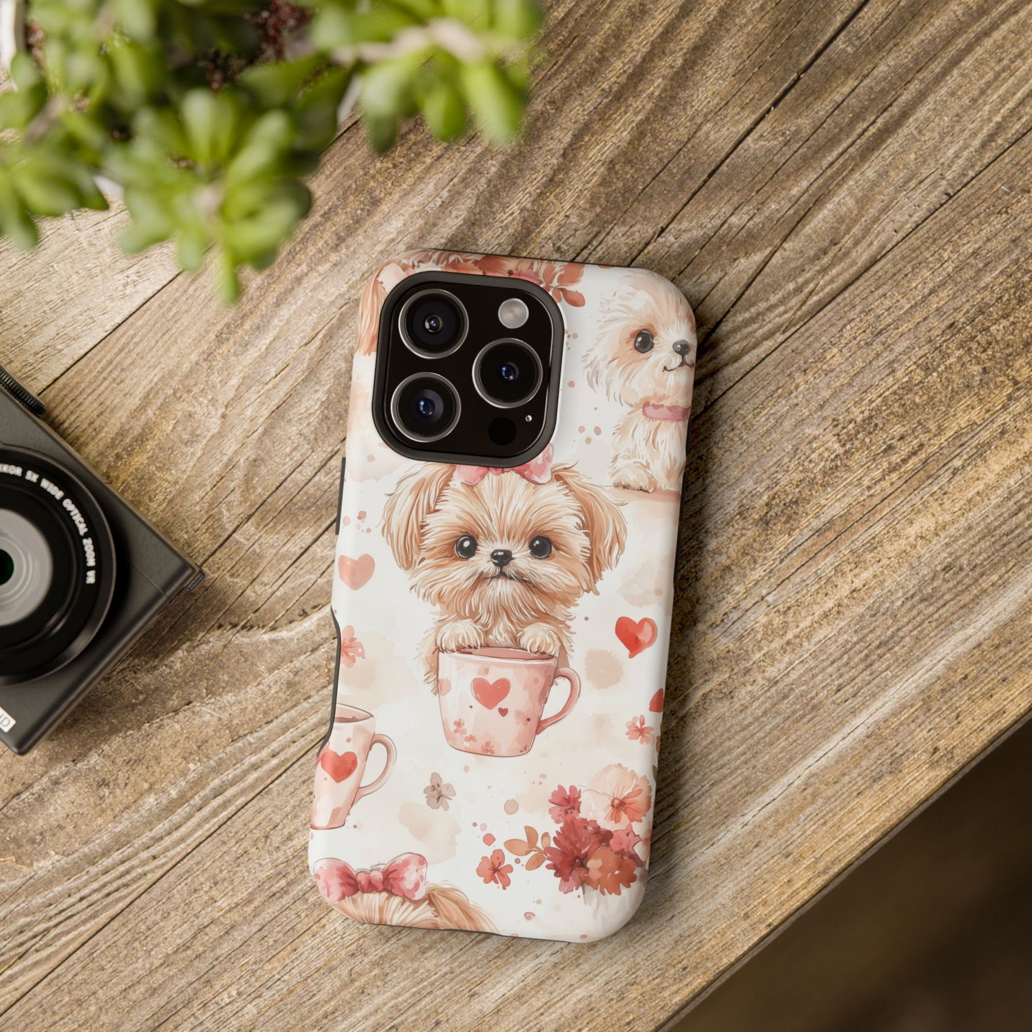 Puppies & Heart Mugs MagSafe iPhone Case – Sweet Dog & Floral Design, Shockproof & Slim