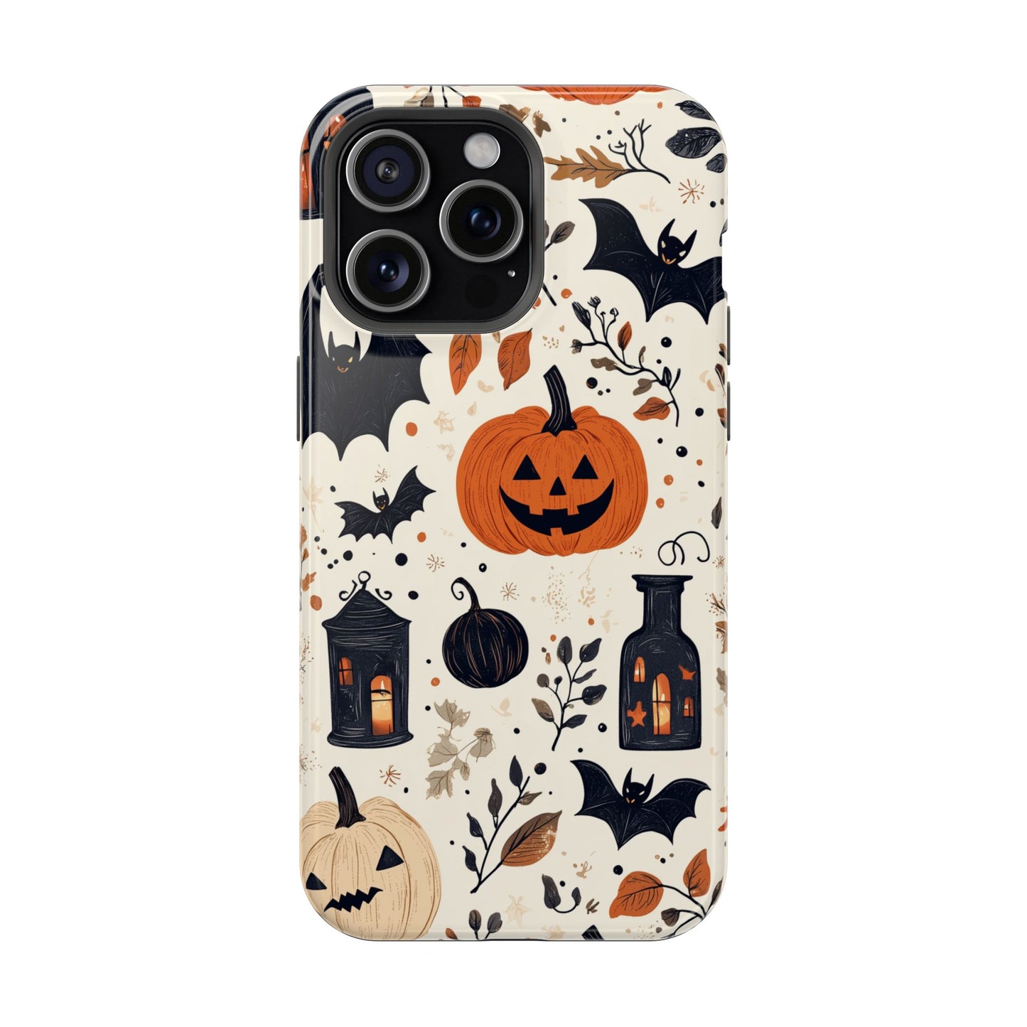 Charming Halloween MagSafe iPhone Case – Pumpkin, Bats, and Spooky Lantern Design