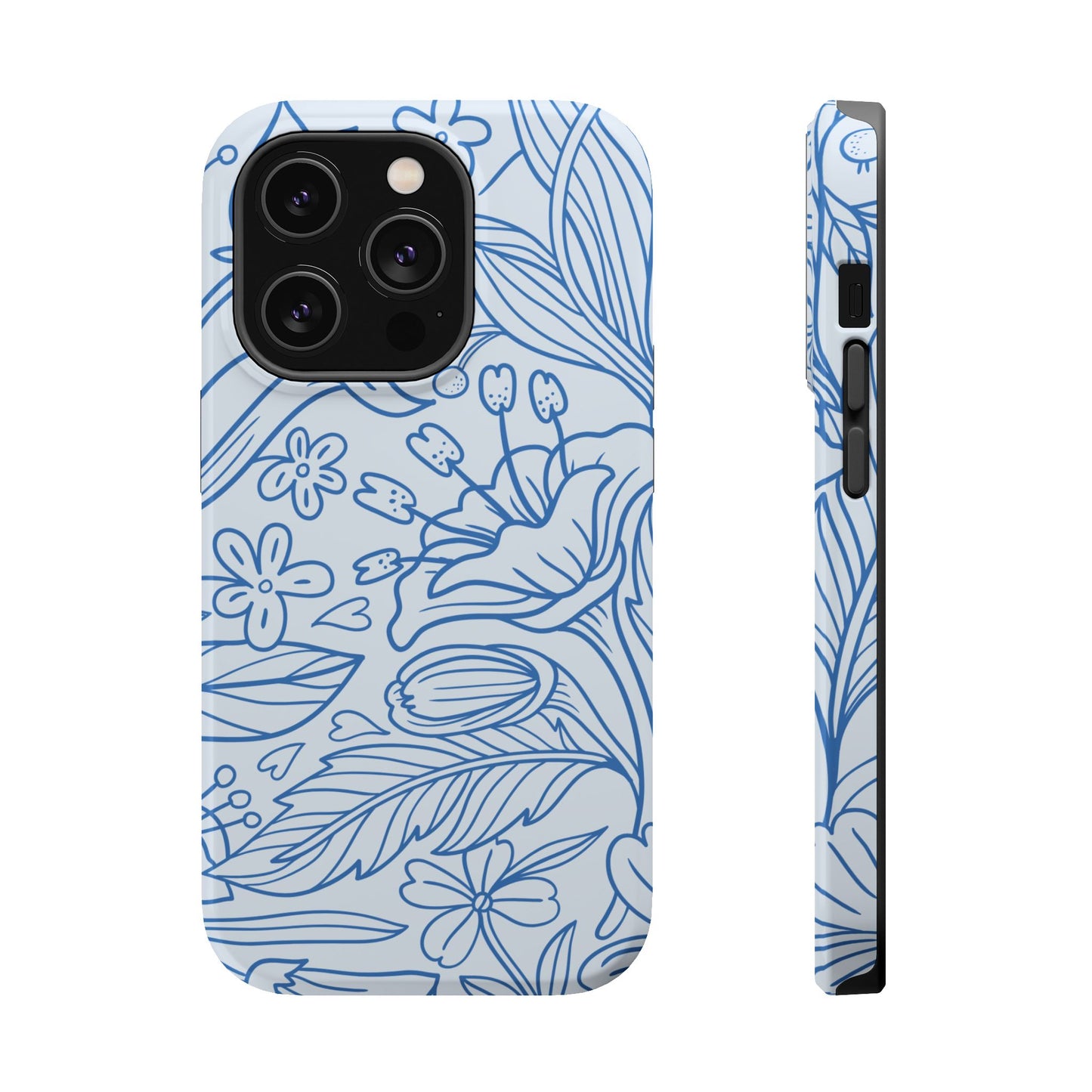 Dusty Blue Floral Line Art Tough MagSafe iPhone Case – Minimalist Botanical Design with Dual-Layer Protection