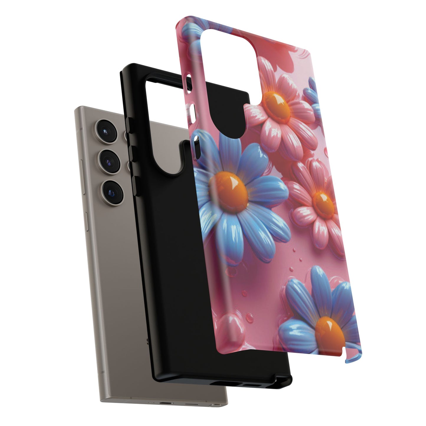 Pastel Daisy 3D Samsung Galaxy Case – Glossy Pink and Blue Floral Design, Full Protection - BOGO Cases