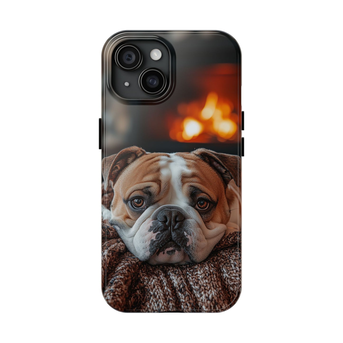 Cozy Bulldog iPhone Case – Fireside-Inspired Protective Cover Description: