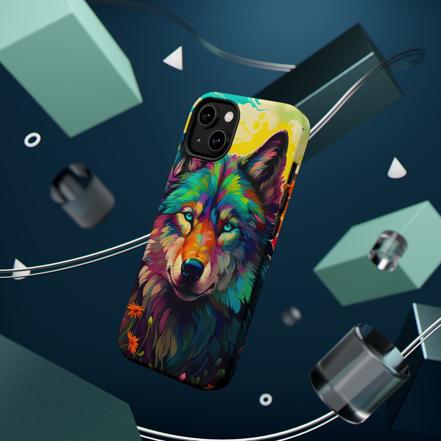 Rainbow Wolf in Bloom – MagSafe iPhone Case with Nature-Inspired Design