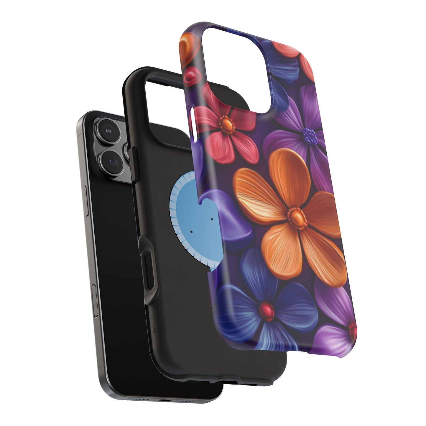 Bold Floral 3D MagSafe iPhone Case – Vivid Purple and Orange Flower Design, Shock-Resistant