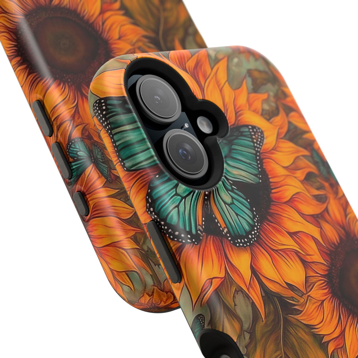 Vintage Blue Butterfly & Sunflower Art – MagSafe iPhone Case