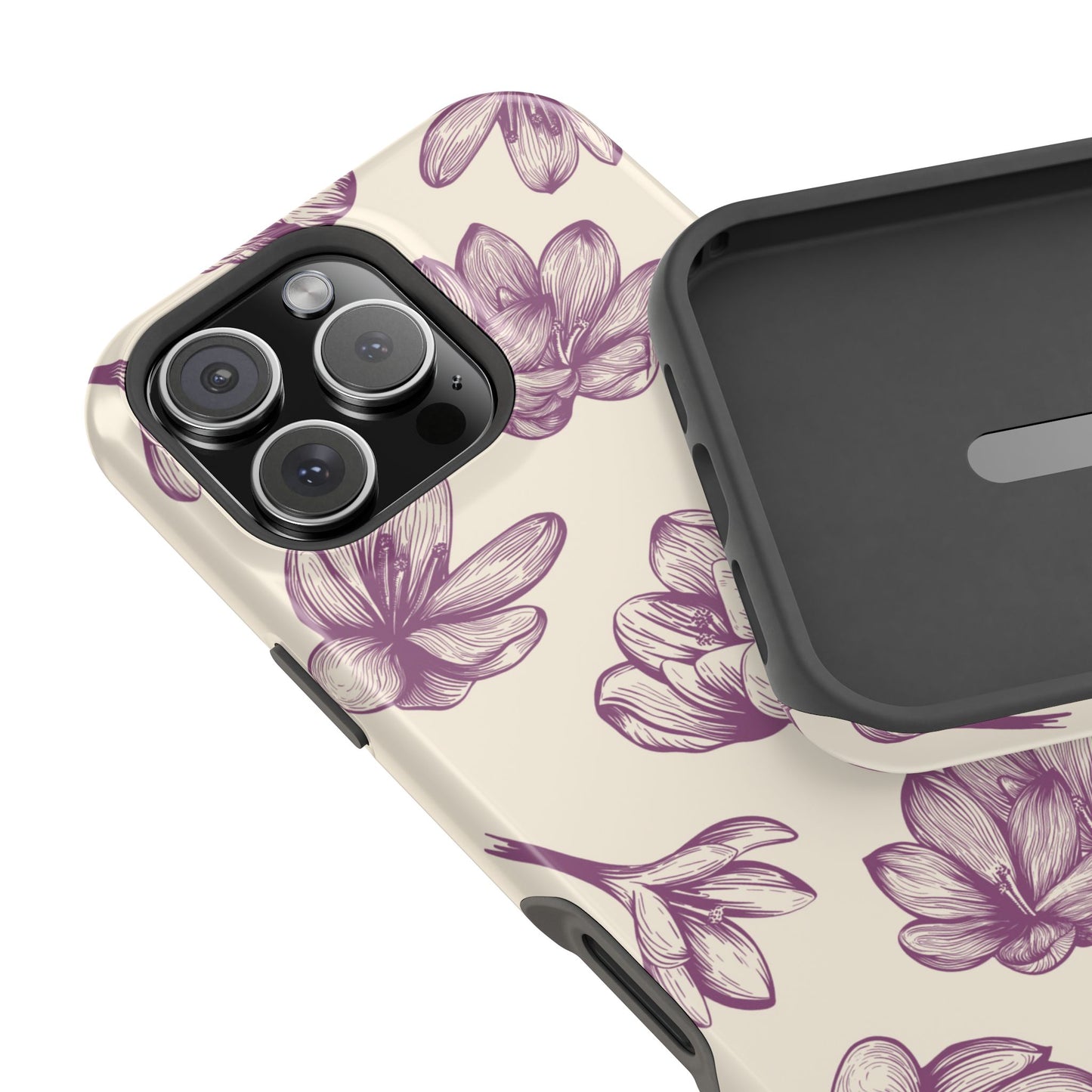 Vintage Botanical Floral Tough MagSafe iPhone Case – Hand-Drawn Purple Flowers, Shockproof Design