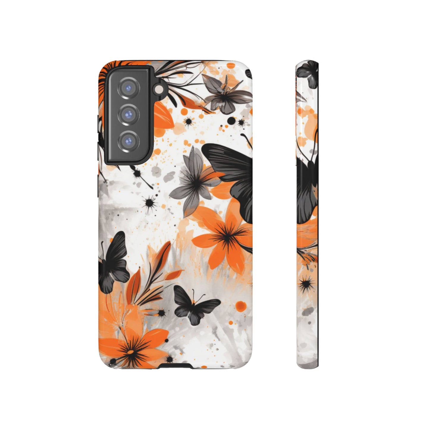 Orange Blossom & Black Butterfly Samsung Galaxy Case – Bold Floral Pattern with Modern Abstract Style