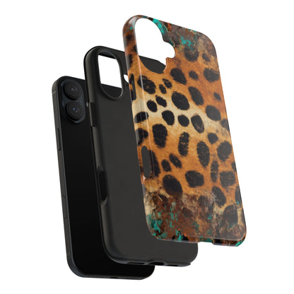 Rustic Leopard Print Tough iPhone Case – Distressed Turquoise and Animal Pattern with Dual-Layer Protection