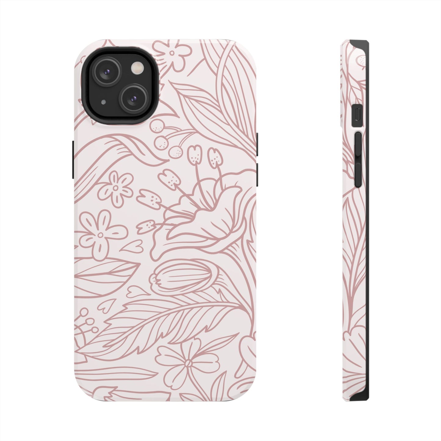 Blush Floral Line Art Tough iPhone Case – Delicate Minimalist Design with Dual-Layer Protection