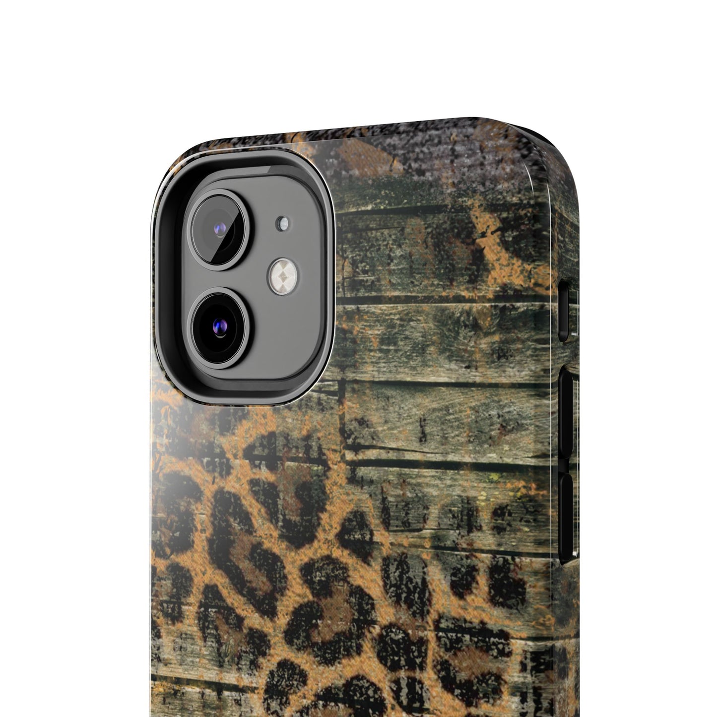 Rustic Wood and Leopard Print Tough iPhone Case – Distressed Western Design with Dual-Layer Protection