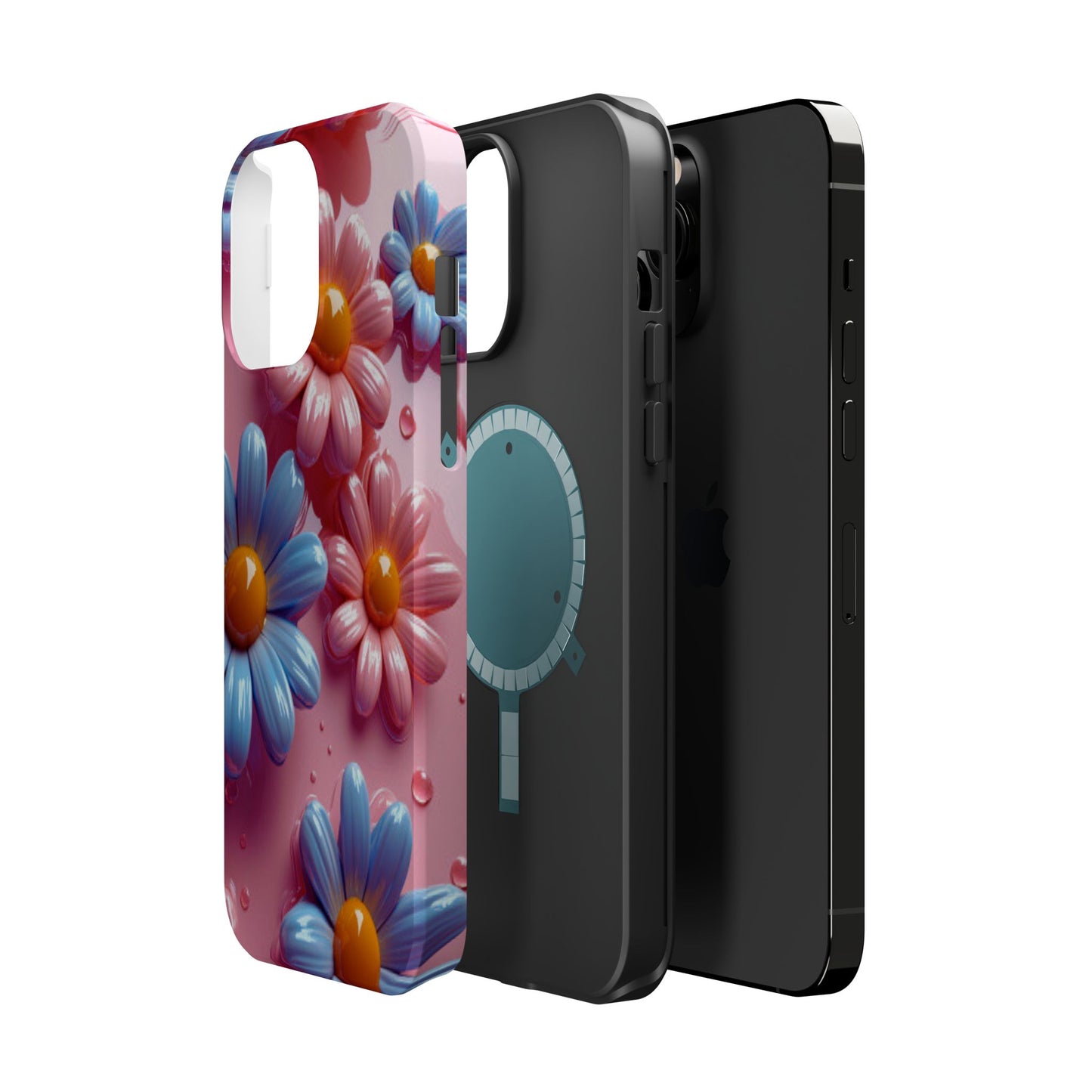 Pastel Daisy 3D MagSafe iPhone Case – Glossy Pink and Blue Floral Design, Full Protection